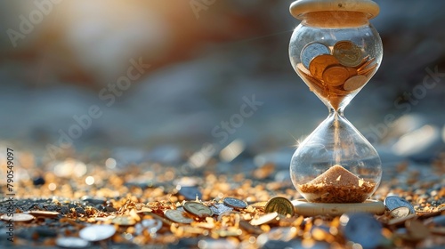 An hourglass with coins and shredded policy papers instead of sand, trickling down slowly