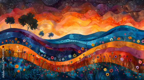 Dreamtime Horizons: Panoramic Watercolor of Australian Landscape and Dot Art
