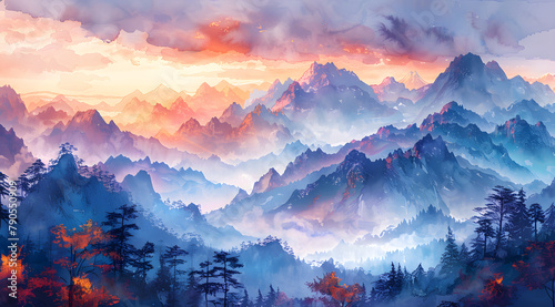 Alpine Elegance: Panoramic Watercolor of Mountain Range with Adjustable Lighting