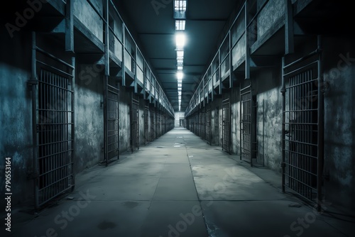 Interior of a prison corridor with rows of cell doors, dim lighting and stark conditions, emphasizing the isolation and security measures