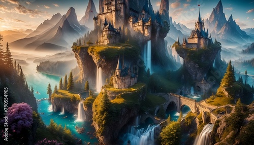 Fantastic castle on a rocky mound at the foot of which several waterfalls flow into the lake located at the foot of this rock. In the distance, the tops of the mountains appear in AI Generated