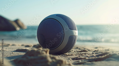 Sleek round speaker on beach casting shadow in the sunset