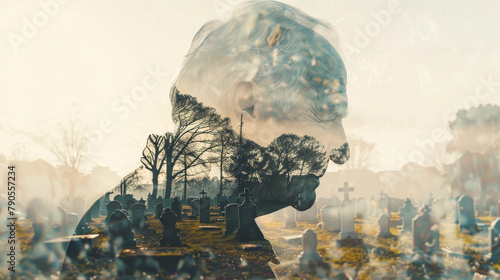 Old grandfather man portrait thinking about death and end of life with view of a cemetery in background