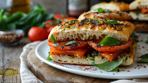 Focaccia sandwiches filled with gourmet Italian ingredients, bright and fresh fillings on a clean, white plate