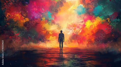 A man stands in front of a colorful explosion. The explosion is made up of different colors and it looks like a painting. The man is the only person in the scene, and he is looking up at the explosion