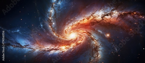 A spiral galaxy with a bright blue core and twinkling stars