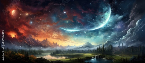 A peaceful landscape with a river, mountains, and crescent moon