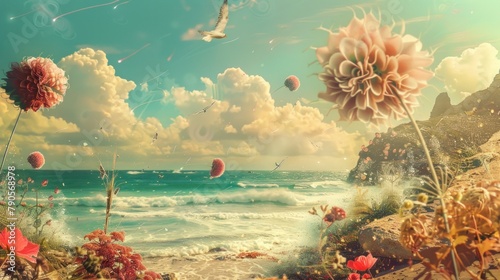 Transform a summer beach landscape into a surreal dreamscape, incorporating surrealistic elements to challenge reality and ignite the imagination 