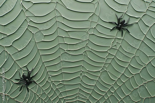 voluminous olive green web with two black spiders, arachnophobia, wallpaper, banner