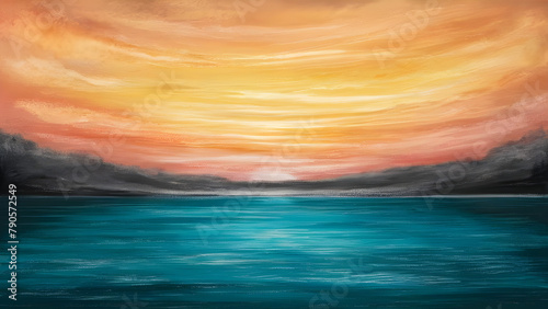 Concept of peace, rejuvenation, serene, and tranquil. Wet pastel charcoal art of sunset landscape. A gradient of warm shades of orange, yellow and pink sky, gradually merges with the calm, blue waters
