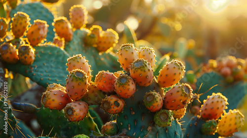 Sun-kissed prickly pears on opuntia cactus in desert.