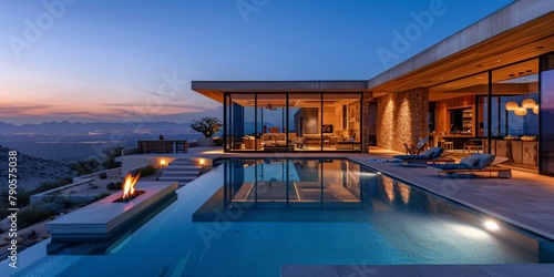 outdoor living space - modern mansion in the desert at night with swimming pool