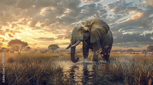 A large elephant is standing in a field of tall grass near a body of water