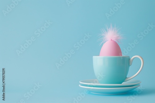??inimalistic conceptual art design photo of a blue chicken egg in a white coffee cup on a saucer, decorated with a pink sisal on a blue background. Copy space. Advertising design. .