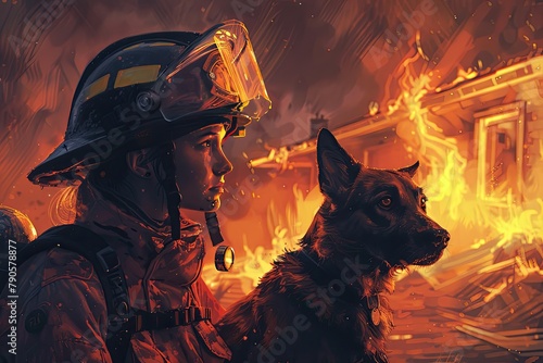 A female rescuer with a dog near a burning house.