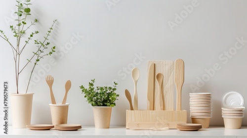 Eco-friendly kitchenware arranged on a modern white shelf