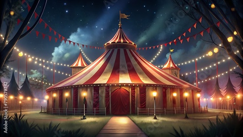 Circus Tent Illuminated by Lights, Enthralling Crowds with Festive Atmosphere.