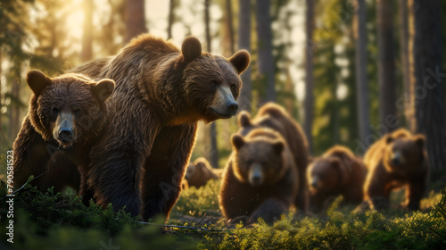 Brown bear family standing in front of the camera in the forest with setting sun. Group of wild animals in nature.