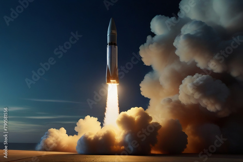 Rocket Launch from Mobile Platform. Hypersonic Missile Launch with Smoke and Fire. Advanced Weapon Technology Concept. Military Defense System. Hypersonic missiles, Missile defense systems 
