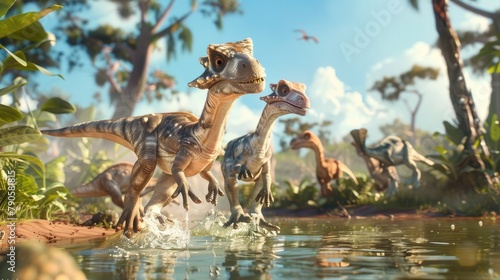 A scene of lambeosaurus puppies frolicking around a waterhole