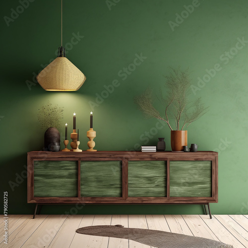 mockup of green wooden cabinet decors