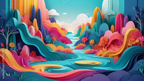 Vector D abstract background with paper cut shapes. Colorful carving art. Paper craft Waterfall Cascade landscape with gradient colors.