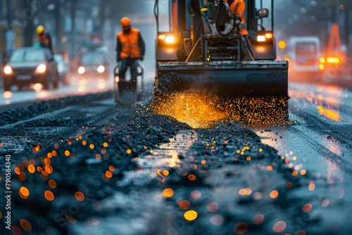 Action shot of hot asphalt being poured and spread on a new road construction site
