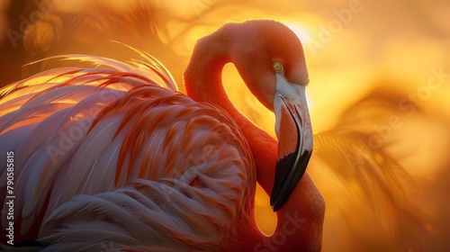 Captures a flamingo basking in the golden light of sunset, its feathers taking on a vibrant orange hue that radiates against the fading daylight, enhancing its striking presence
