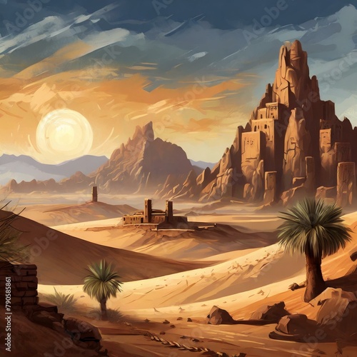  the vast desert landscape with , ancient ruins, and mysterious nomadic tribes."
