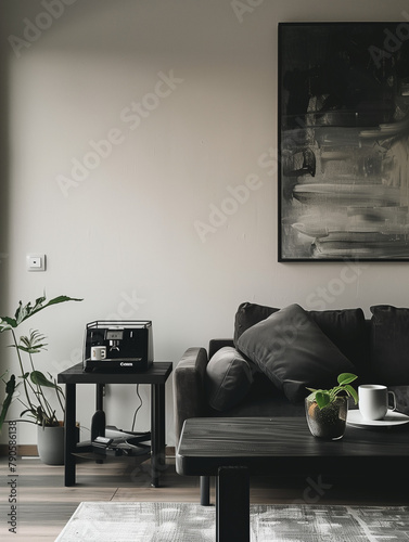 A black side table with a coffee machine and plants on it, placed in front of a sofa in an empty living room, bathed in soft light from above. The wall behind is white, adorned with abstract paintings
