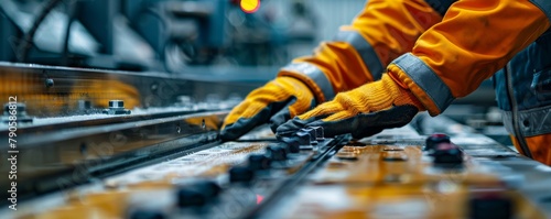 Close-up of technician's hands fine-tuning industrial machinery controls