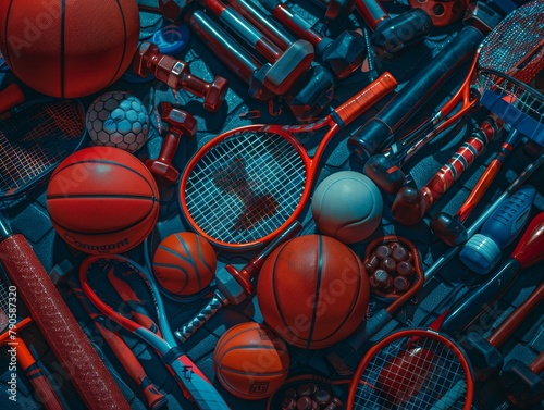 Neatly arranged sports gear, basketball, tennis racquet, gym weights under high contrast lighting