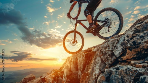 Mountain biker's adrenaline-soaked jump off rocky cliff at sunset defines extreme sports excitement