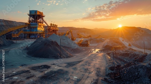 Sunrise over an industrial coal mine, with silhouetted heavy machinery and heaps of coal