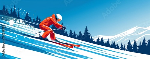 Winter sports scene, a skier descends a snowy mountain with speed under a clear blue sky, with pine trees blurred by movement
