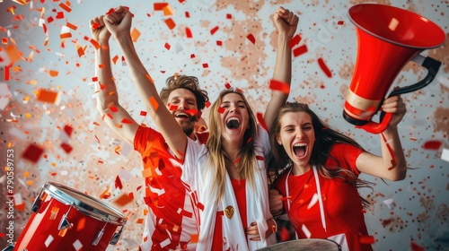 A cheerful group of individuals wearing red shirts are celebrating with confetti and a megaphone, bringing fun and entertainment to the event, while holding a membranophone and smiling in joy. AIG41