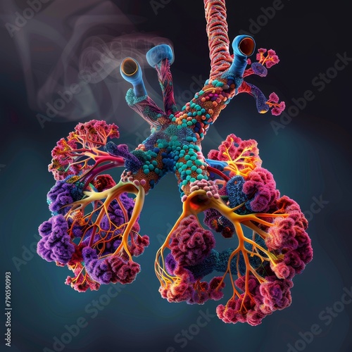 Realistic depiction of the human lung alveoli, highlighting gas exchange processes, vibrant colors