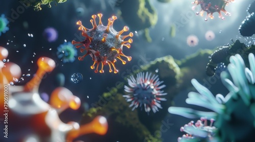 Visualization of antibodies attacking a pathogen, high-resolution with focus on immune response