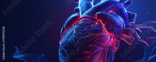 closeup of a human blue coloured heart illustration with blue glowing light and dark background