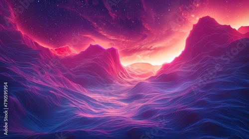 Stunning neon-lit canyon landscape in a futuristic style with glowing river