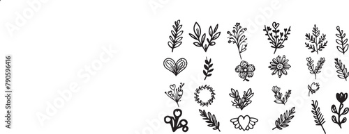 Flower doodle hand drawn line stroke. Sketch hand drawn spring floral plant, nature graphic leaf, scribble grunge brush texture. Vector simple flower, leaf brush stroke. Vector illustration