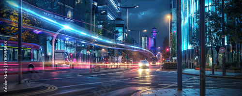 A visionary urban landscape showcasing smart city infrastructure, including sensor-equipped streetlights, automated traffic signals, and futuristic public transport systems.