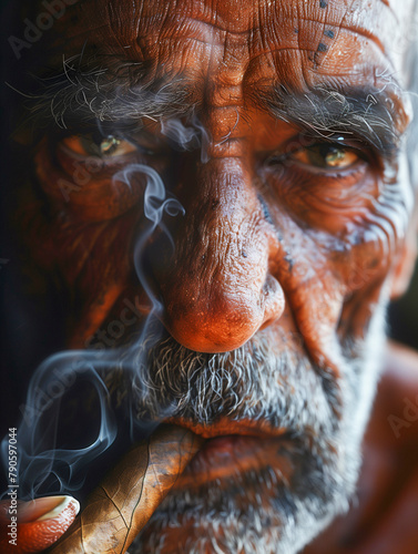 Portrait of an old Cuban man smoking a cigar