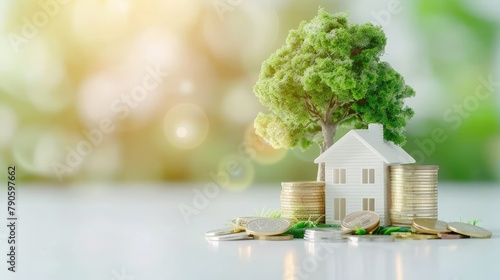 Home with stack gold coin and the tree with growing interest put on the top in the public park, Saving for buy house or loan for business investment with construction the real estate concept.