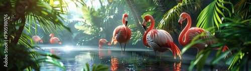 Vibrant scene of a group of flamingos at a tropical lagoon during summer, focusing on their bright pink feathers and elegant postures in the shimmering water, bright colors, clean background, Realisti