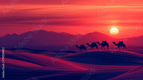 A silhouette of a camel caravan trekking across the sandy dunes at dusk.