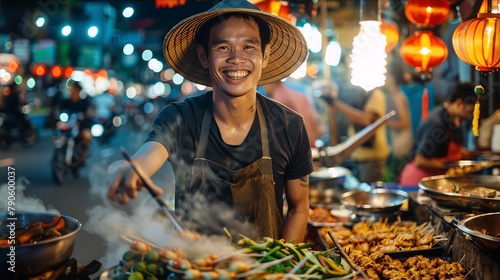 Portrait of a joyful street food vendor wearing a traditional conical hat while cooking at a night market.