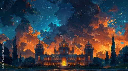 Stunning night-time art illustration of an illuminated museum under a starry sky with celestial dreamscape