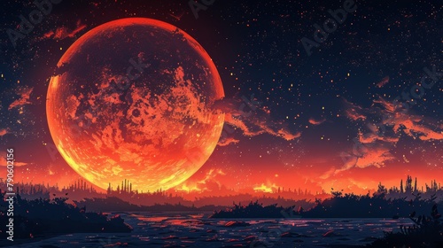 Majestic orange planet dominating a starry night sky with ominous clouds and silhouetted spires