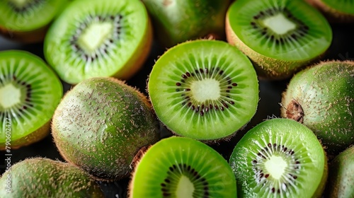  A group of kiwis arranged on a black surface One kiwi is cut in half